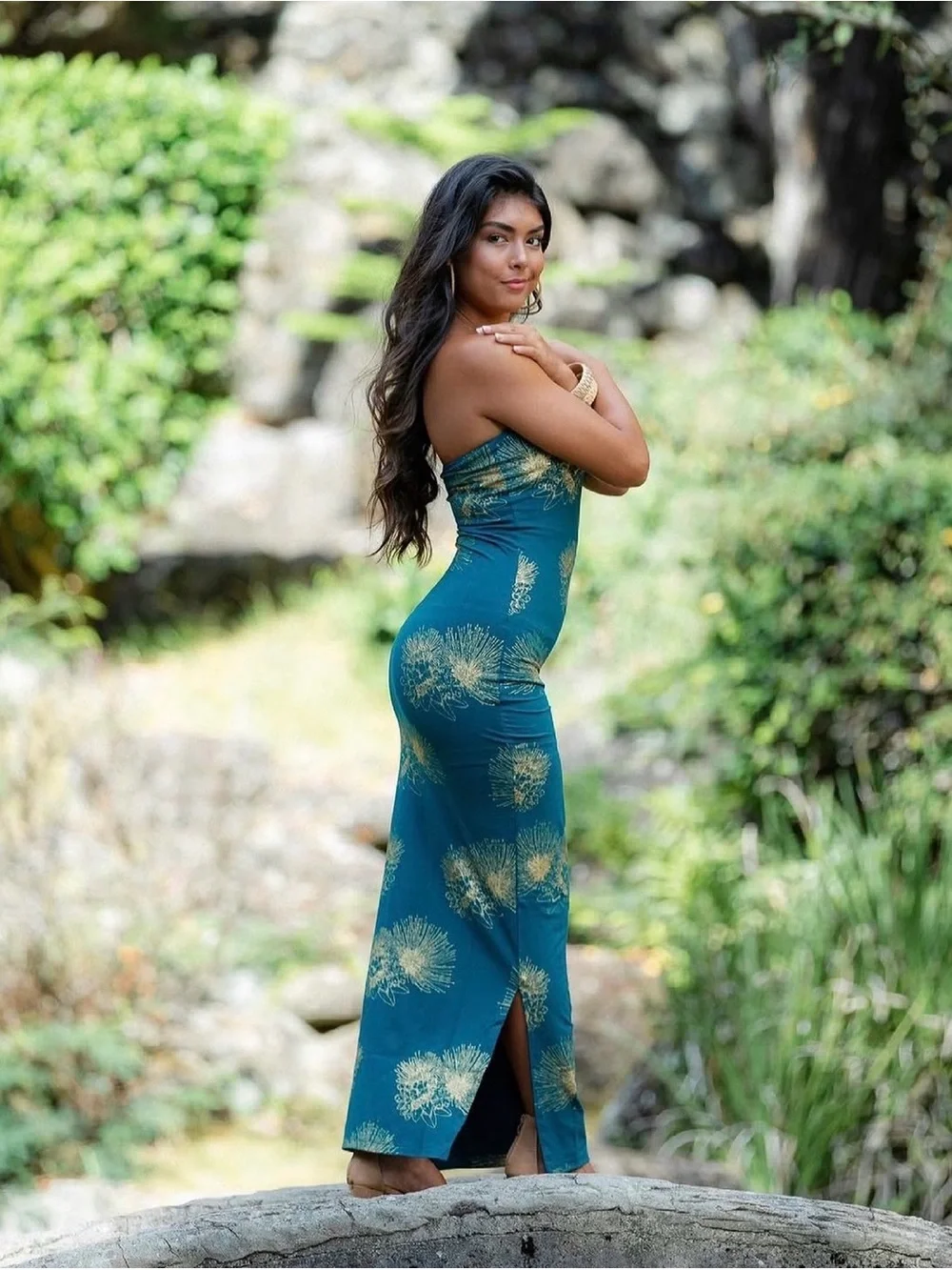 Strapless Teal Evening Column Dress with Gold Floral Accents